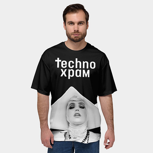 Мужская футболка оверсайз Techno храм монашка в белом / 3D-принт – фото 3
