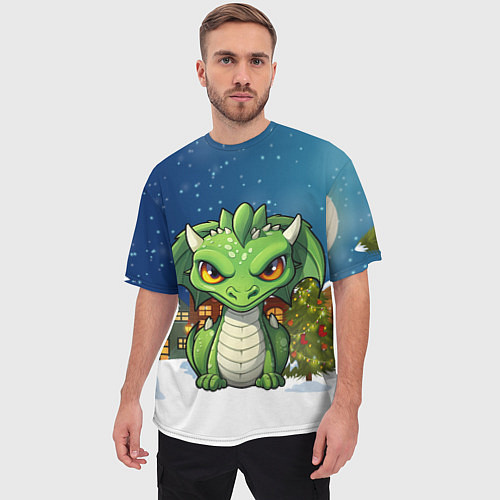 Мужская футболка оверсайз Зеленый дракон на фоне города / 3D-принт – фото 3