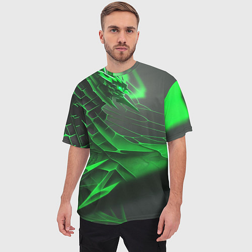 Мужская футболка оверсайз Зелёная сеть на чёрном фоне / 3D-принт – фото 3