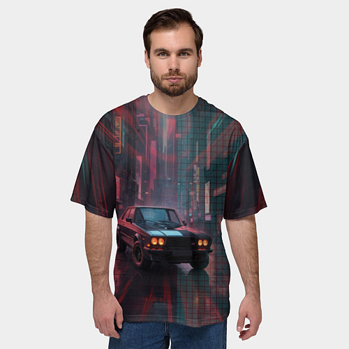 Мужская футболка оверсайз Спорткар на темной улице / 3D-принт – фото 3