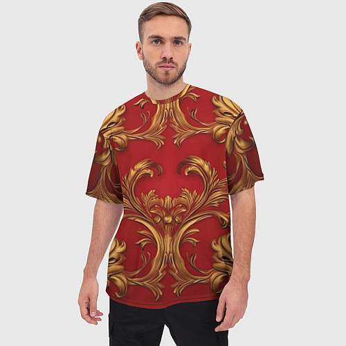 Мужская футболка оверсайз Золотые узоры на красном / 3D-принт – фото 3