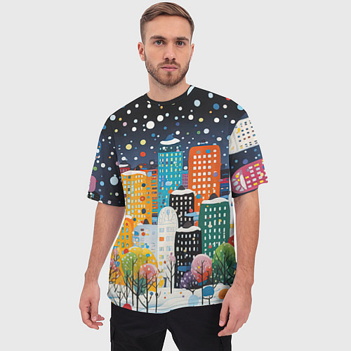 Мужская футболка оверсайз Новогодний ночной город / 3D-принт – фото 3