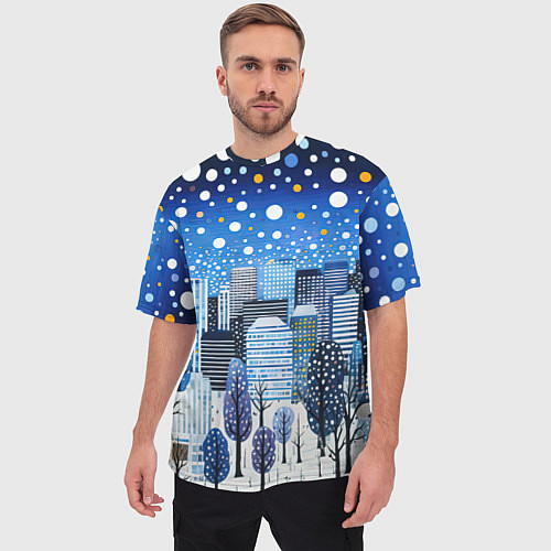 Мужская футболка оверсайз Новогодний синий ночной город / 3D-принт – фото 3