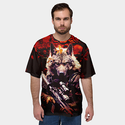 Мужская футболка оверсайз Волк солдат в красном лесу / 3D-принт – фото 3