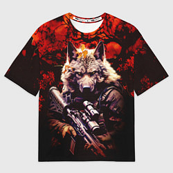 Футболка оверсайз мужская Волк солдат в красном лесу, цвет: 3D-принт