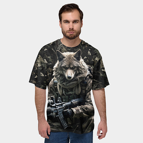 Мужская футболка оверсайз Волк солдат в камуфляже / 3D-принт – фото 3