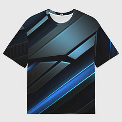 Футболка оверсайз мужская Черная абстракция с синим неоновым ярким свечением, цвет: 3D-принт