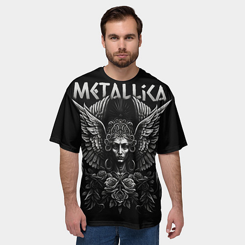 Мужская футболка оверсайз Металлика на фоне ангела / 3D-принт – фото 3