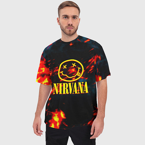 Мужская футболка оверсайз Nirvana rock огненное лого лава / 3D-принт – фото 3