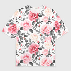 Мужская футболка оверсайз Розовые розы и серые листочки - паттерн