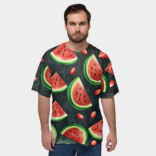 Мужская футболка оверсайз Паттерн красные дольки арбуза / 3D-принт – фото 3