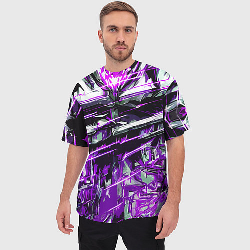 Мужская футболка оверсайз Агрессивный металл и фиолетовые линии / 3D-принт – фото 3