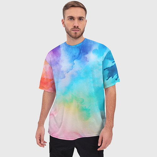 Мужская футболка оверсайз Цветные разводы акварели / 3D-принт – фото 3