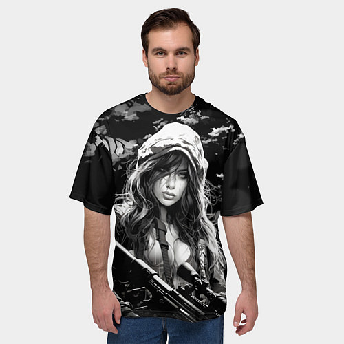 Мужская футболка оверсайз Брюнетка снайпер / 3D-принт – фото 3