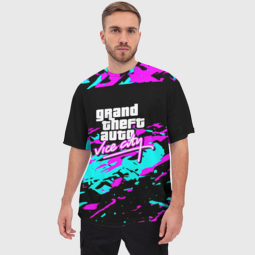 Мужская футболка оверсайз GTA vice city неоновые краски / 3D-принт – фото 3