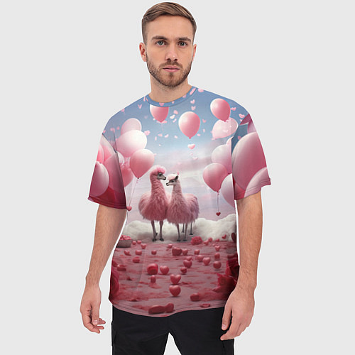 Мужская футболка оверсайз Розовые влюбленные ламы / 3D-принт – фото 3