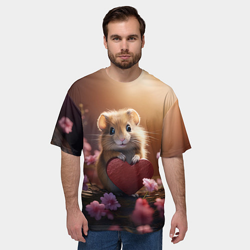Мужская футболка оверсайз Милый маленький хомячок с сердечком / 3D-принт – фото 3