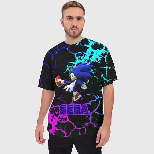 Мужская футболка оверсайз Sonic sega game неоновая текстура / 3D-принт – фото 3