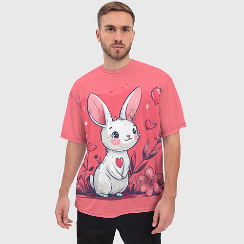 Мужская футболка оверсайз Зайчик с цветочками и сердечками / 3D-принт – фото 3