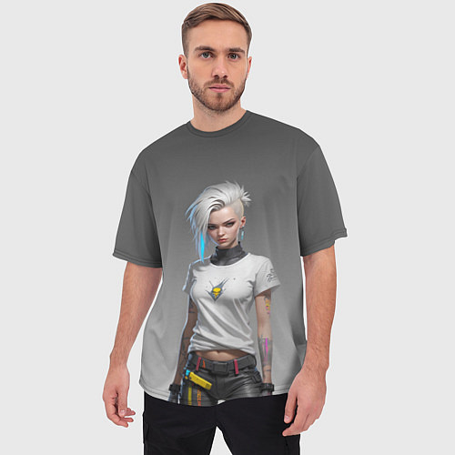 Мужская футболка оверсайз Блондинка в белой футболке Cyberpunk 2077 / 3D-принт – фото 3