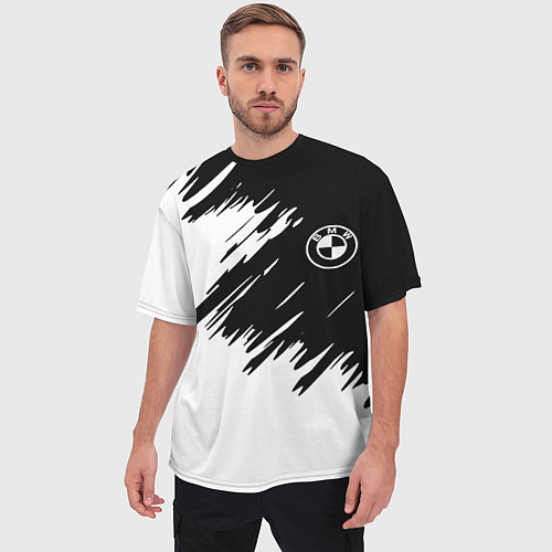 Мужская футболка оверсайз BMW sport краски черные разрывы / 3D-принт – фото 3