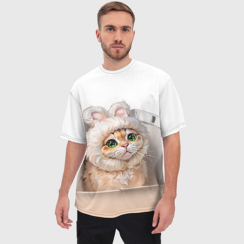 Мужская футболка оверсайз Милый кот-мем в шапке с ушками - бежевый градиент / 3D-принт – фото 3