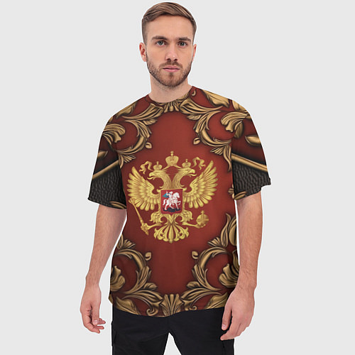 Мужская футболка оверсайз Золотой герб России на красном фоне лепнина / 3D-принт – фото 3
