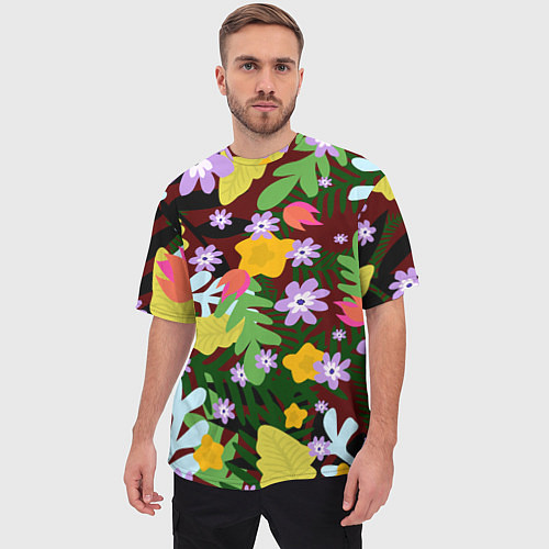 Мужская футболка оверсайз Гавайская цветочная расцветка / 3D-принт – фото 3