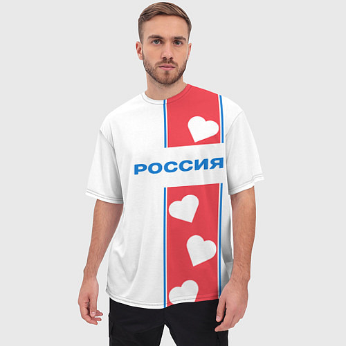 Мужская футболка оверсайз Россия с сердечками / 3D-принт – фото 3