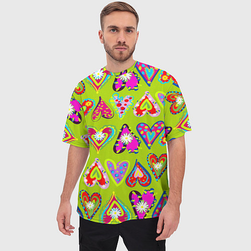 Мужская футболка оверсайз Разноцветные сердца в мексиканском стиле / 3D-принт – фото 3