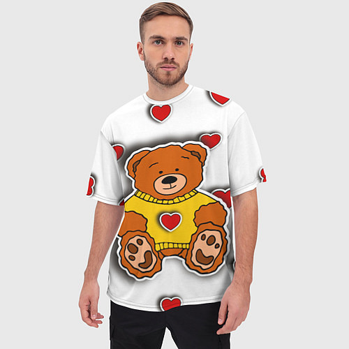 Мужская футболка оверсайз Стикер наклейка медвежонок и сердце объемный рисун / 3D-принт – фото 3
