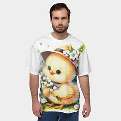 Футболка оверсайз мужская Мультяшный цыпленок с цветами ландыша, цвет: 3D-принт — фото 2