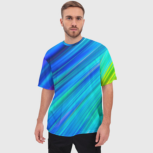 Мужская футболка оверсайз Неоновые синие лучи / 3D-принт – фото 3