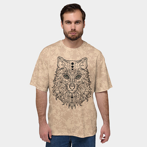 Мужская футболка оверсайз Волчица тёмо-бежевый / 3D-принт – фото 3
