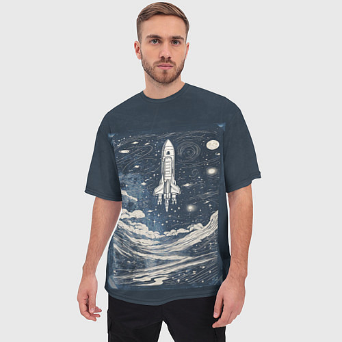 Мужская футболка оверсайз Винтажный постер космос титан ракета / 3D-принт – фото 3
