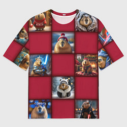 Футболка оверсайз мужская Клетчатый узор из капибар в шапочке, доспехах, цвет: 3D-принт