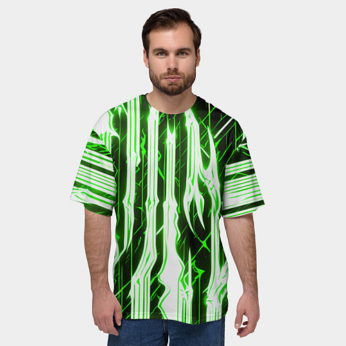 Мужская футболка оверсайз Зелёные неоновые полосы на чёрном фоне / 3D-принт – фото 3