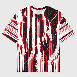 Футболка оверсайз мужская Красные неоновые полосы на чёрном фоне, цвет: 3D-принт