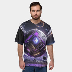 Футболка оверсайз мужская Кибер сфера черно фиолетовая, цвет: 3D-принт — фото 2