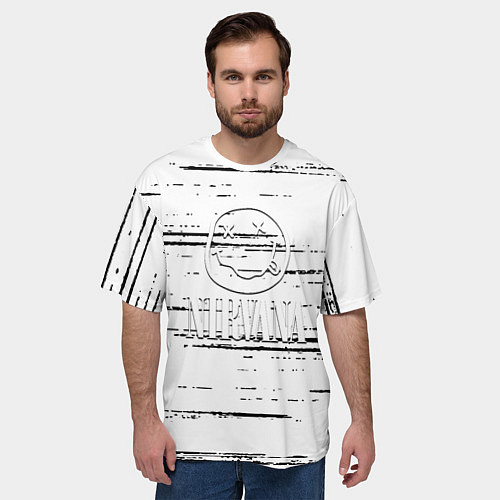 Мужская футболка оверсайз Nirvana штрихи чёрные / 3D-принт – фото 3