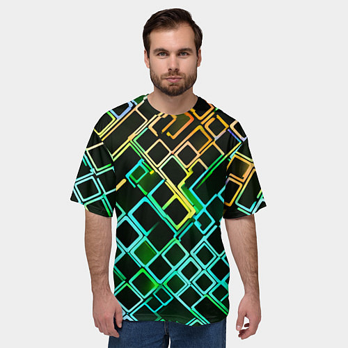 Мужская футболка оверсайз Жёлто-синие квадраты на чёрном фоне / 3D-принт – фото 3