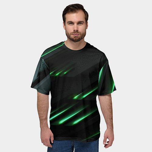 Мужская футболка оверсайз Спортивный черно-зеленый стиль / 3D-принт – фото 3