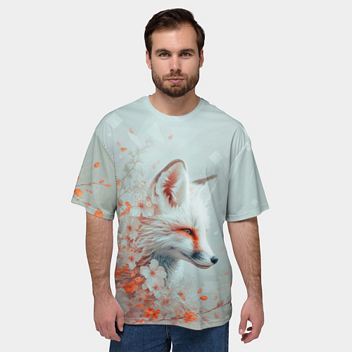 Мужская футболка оверсайз Белый лис в цветах / 3D-принт – фото 3