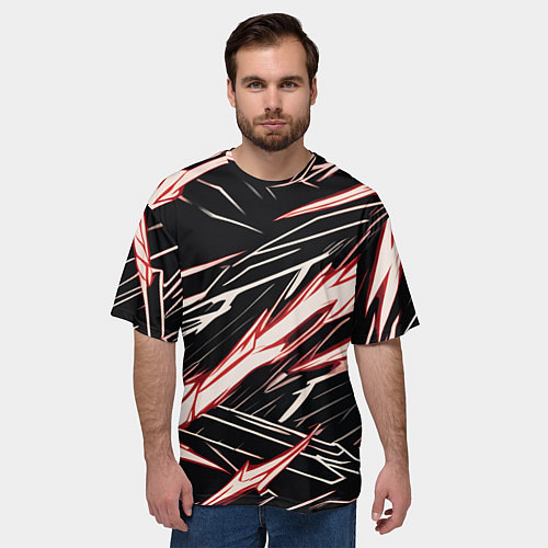 Мужская футболка оверсайз Красные и белые полосы на чёрном фоне / 3D-принт – фото 3