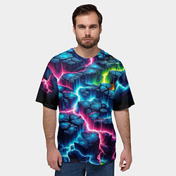 Футболка оверсайз мужская Трещины и неон, цвет: 3D-принт — фото 2