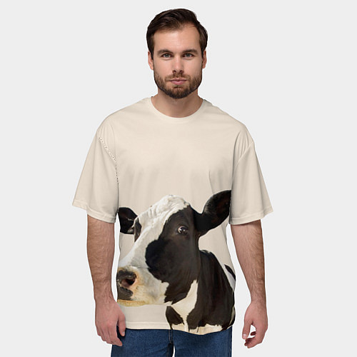 Мужская футболка оверсайз Корова на бежевом фоне / 3D-принт – фото 3