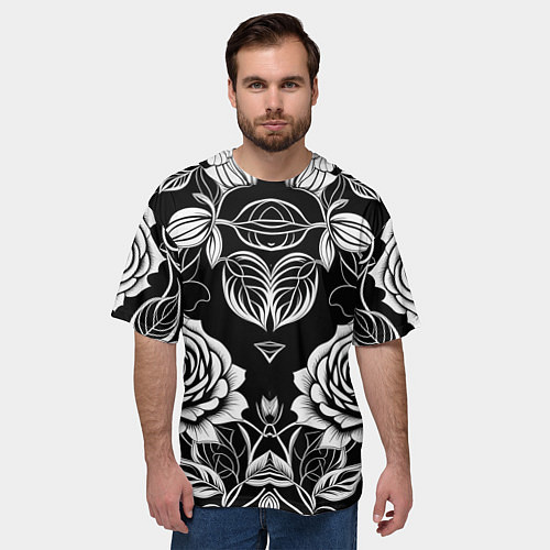 Мужская футболка оверсайз Чёрно белые узоры роза / 3D-принт – фото 3