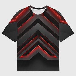 Футболка оверсайз мужская Красные яркие неоновые полосы на черной абстракции, цвет: 3D-принт