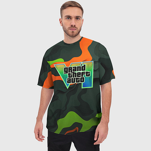 Мужская футболка оверсайз Gta лого зелено-оранжевый камуфляж / 3D-принт – фото 3