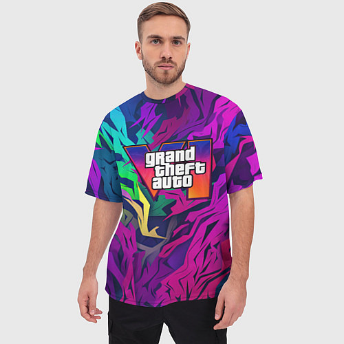 Мужская футболка оверсайз Gta лого фиолетовый камуфляж / 3D-принт – фото 3